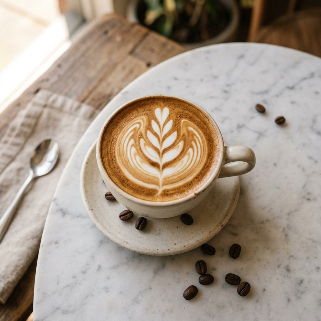 Latte art καφές δίπλα στη θάλασσα — GIÓVA Αρκούδι